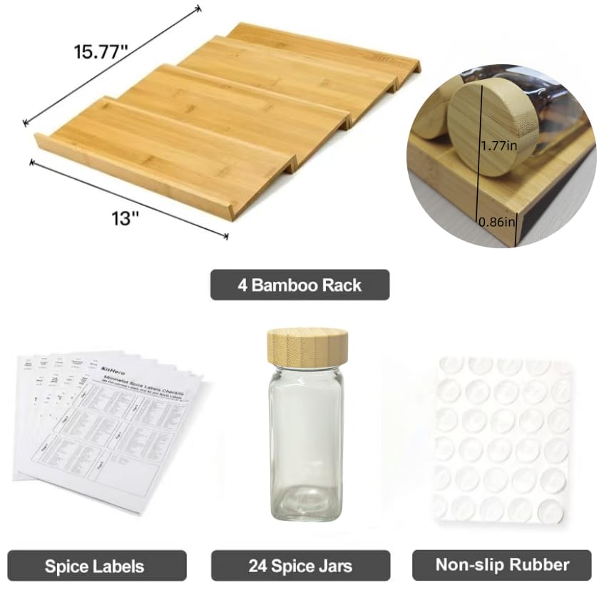Spice Drawer Organizer with 24 Spice Jars and 216 Labels,Non-slip Rubber, Bamboo 4 Tier Spice Racks Tray Seasoning Containers for Kitchen Drawers,Cabinets,Countertops,13" Wide * 15.8" Deep