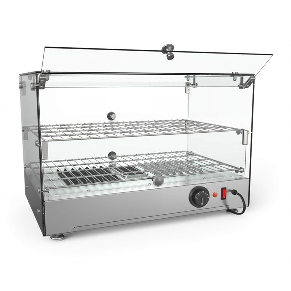 Pemberly Row Glass Countertop Display Warmer, 17 Cu. Ft., 22 in, Stainless Steel Frame, Silver Finish, Tempered Glass Panels, Self-Serve Double Doors, Adjustable Temperature Control 85-185°F for