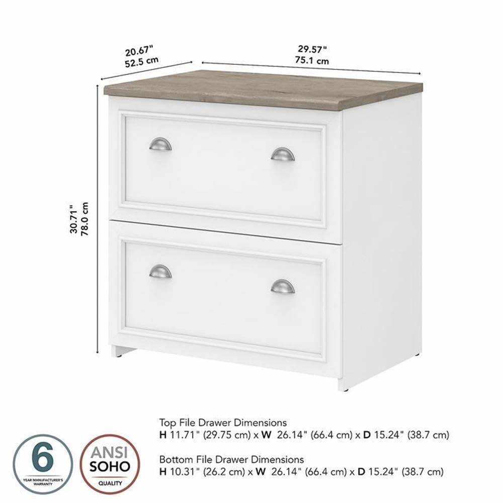 BOWERY HILL 2 Drawer Lateral File Cabinet, 30W x 20D x 30H, Engineered Wood, Pure White and Shiplap Gray Finish, Smooth Ball Bearing Slides, Farmhouse Style Home Office Filing Storage