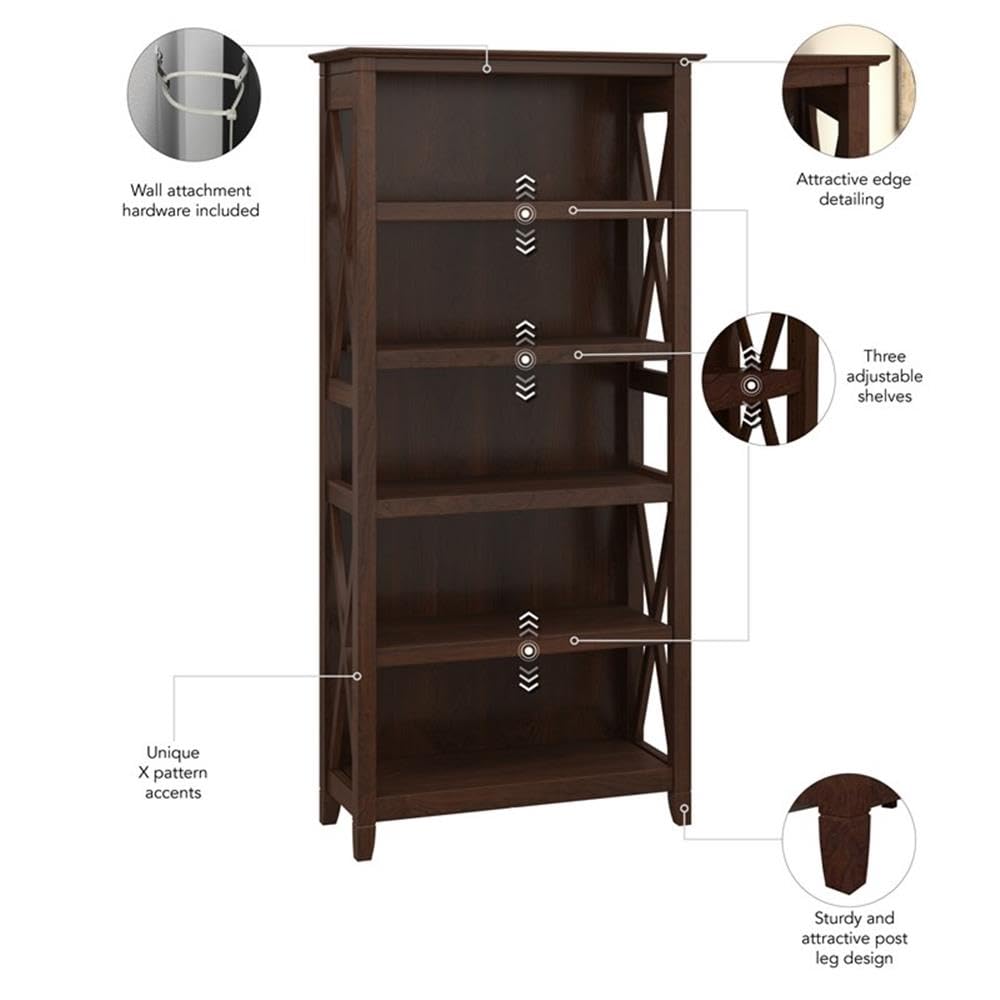 Bush Home Key West 5 Shelf Bookcase - Set of 2 | Tall Bookshelves in Bing Cherry | Sturdy Display Shelves for Library, Living Room, and Home Office