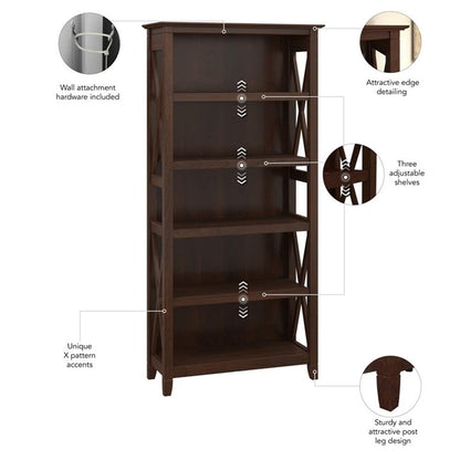 Bush Home Key West 5 Shelf Bookcase - Set of 2 | Tall Bookshelves in Bing Cherry | Sturdy Display Shelves for Library, Living Room, and Home Office