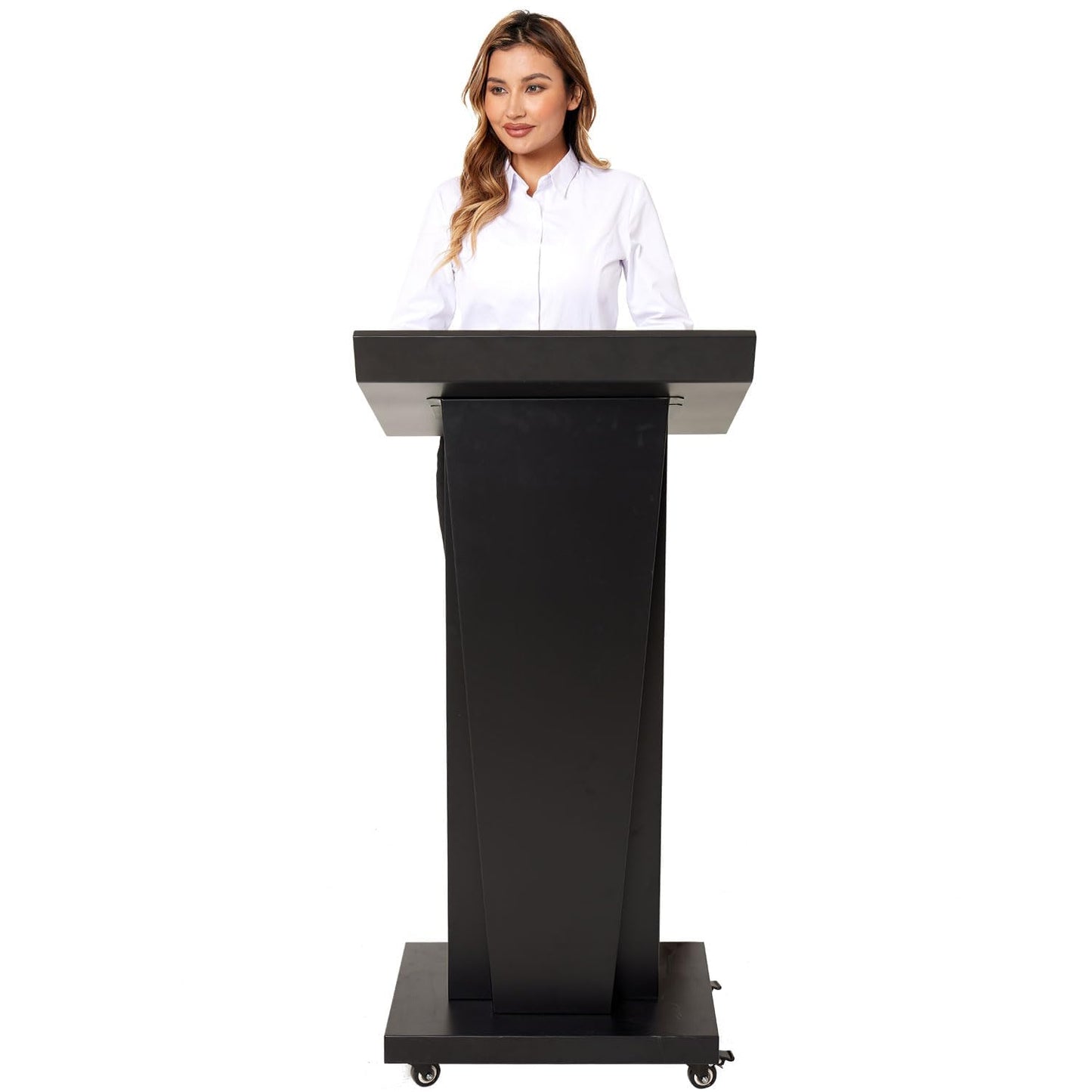 BERPET Podium Stand with 4 Locking Wheels, Lecterns & Podiums for Church School Office Conference Home, Heavy Duty Metal, Large Storage Area, Slant Desktop, 50.4" H