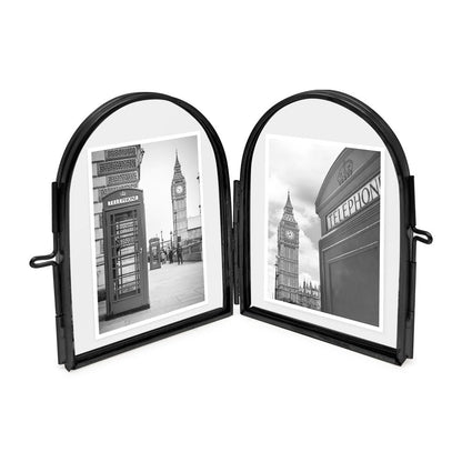 Isaac Jacobs 2x3 Vintage Style, Double-Sided Arched Brass & Glass Metal Floating Picture Frame with Locket Closure (Vertical), Made for Tabletop Display (2x3 Vertical, Black)