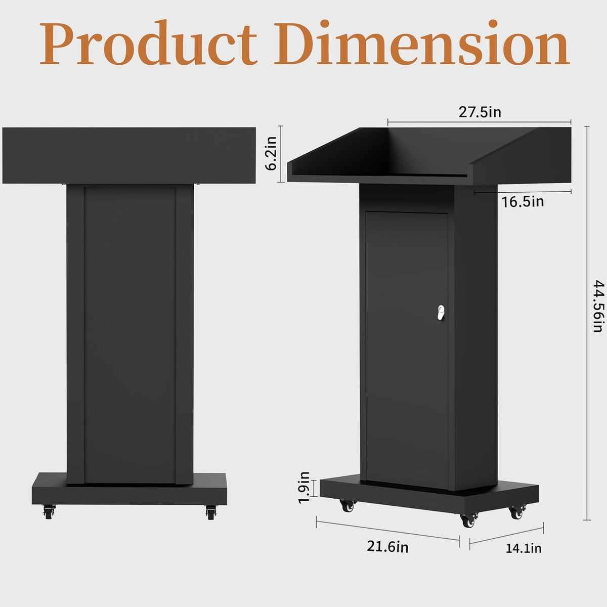 Heavy-Duty Black Metal Podium Stand with Lockable Wheels | Mobile Lectern with Storage Cabinet & Standard 44.56" Height | for Conference Rooms, Churches, Classrooms & Events (Style 3)