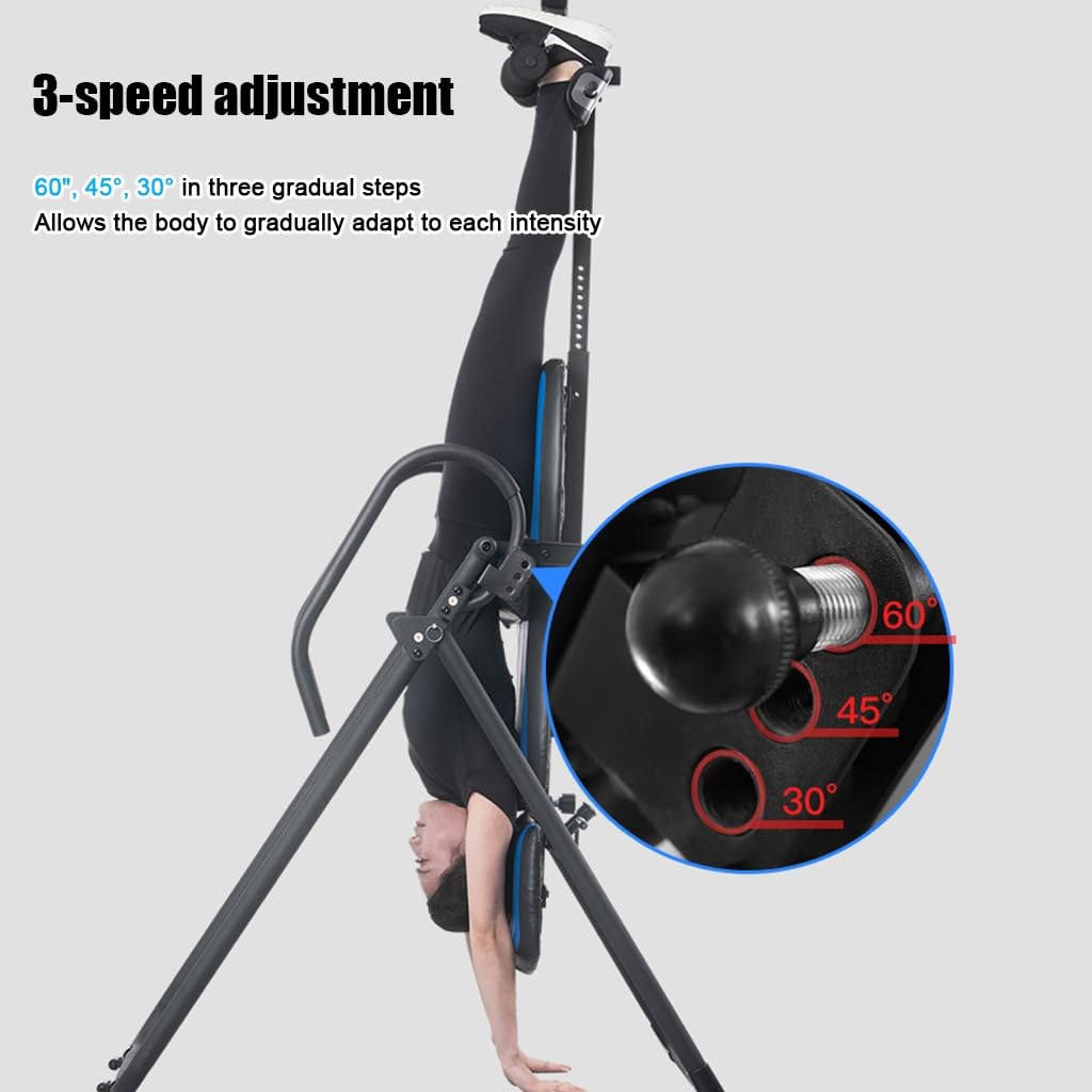 Folding heavy-duty inversion table with a capacity of 330 lbs, with removable shoulder rest and lumbar support