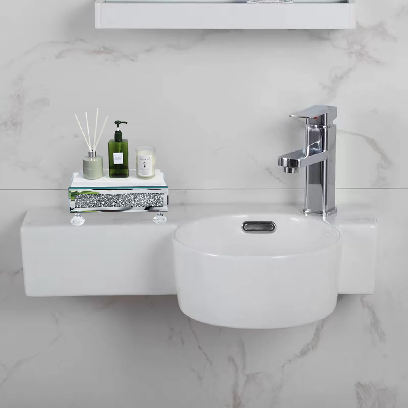 TACIDON Glass Mirrored Riser for Kitchen Sink, Bathroom Counter Modern Decor. Crystal Pedestal Stand for Displays. Crushed Diamond Bling Decor Tray.(Silver)