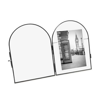 Isaac Jacobs 5x7 Vintage Style, Arched Brass & Glass Metal Floating Picture Frame with Locket Closure (Vertical), Made for Tabletop Display (5x7 Vertical, Black)