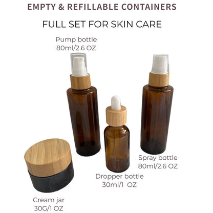 BEECO GIF2U Empty Refillable Frosted Glass Cosmetic Skin Care Containers with Bamboo Cover 4 Pack,Spray Bottle,Lotion Pump Bottle,Dropper Bottle and Cream Jar for Cosmetic Storage(Brown)