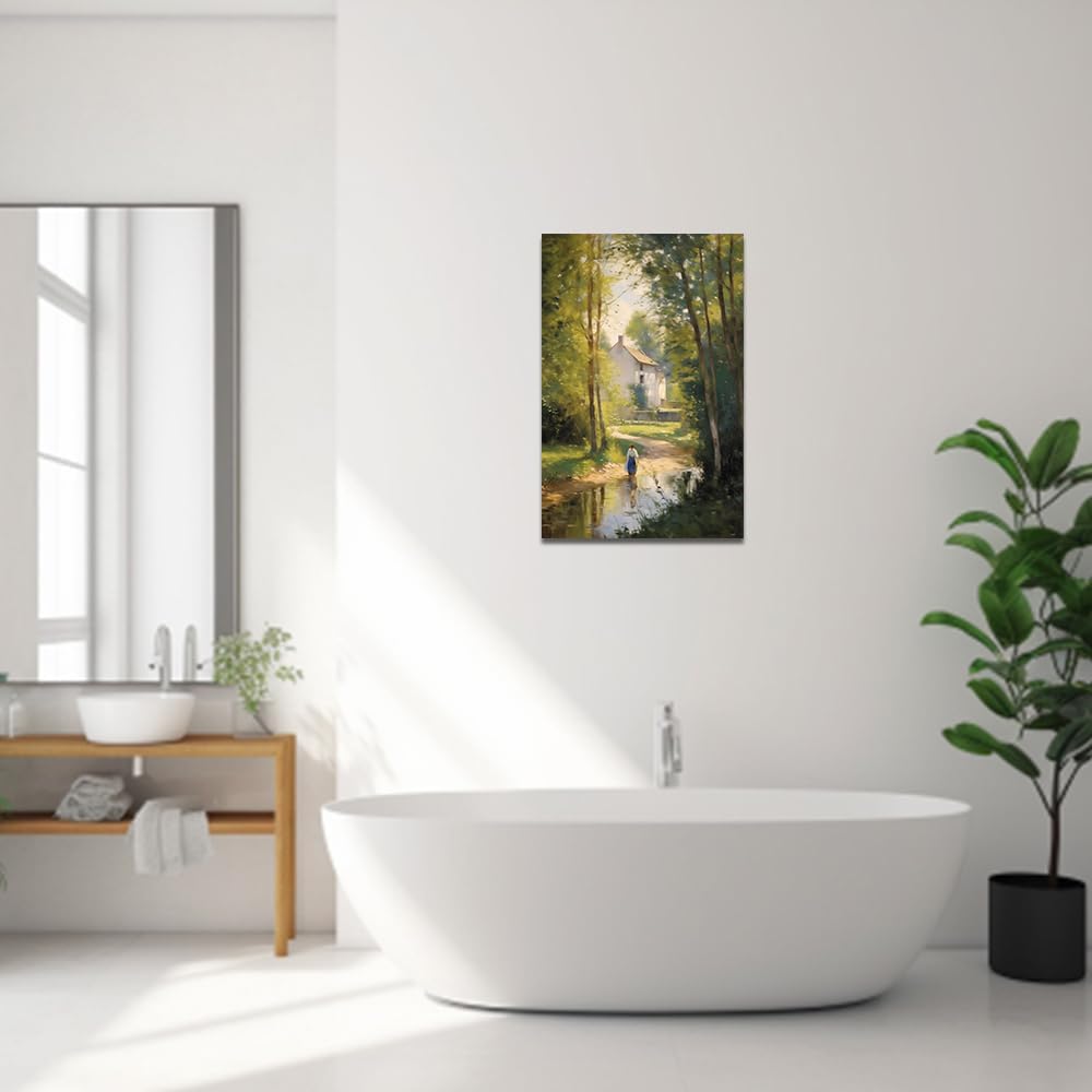 QIXIANG Spring Canvas Wall Art Green Forest Tree River Picture Prints for Living Room Decor (12.00" x 18.00")