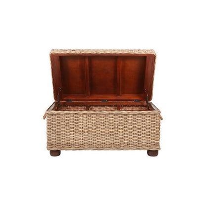 Pemberly Row Modern Kubu Wicker Rattan Storage Trunk, 37 in x 21.25 in x 19 in, Tan Finish, Handmade with Solid Mahogany Frame, Spacious Lift-Top Storage, Versatile Coffee Table for Living Room or