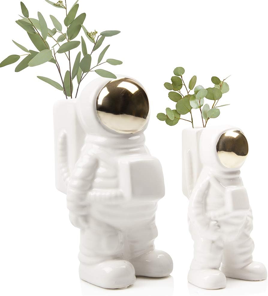 CHIVE - Astronaut Shape Vase, Simple Modern Flower Bud Planter, White and Gold (Medium)