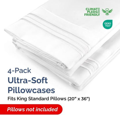 King Standard Pillow Cases - Soft Hotel Quality Covers for Comfy Bedding | Set of 4, Machine Washable, White