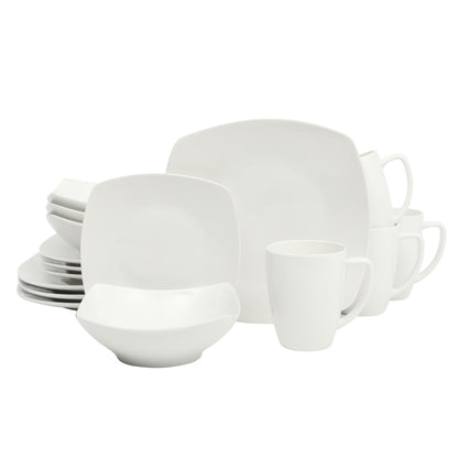 Gibson Home Zen Buffet White Porcelain Dinnerware Set for 4, Square Plates Bowls and Mugs, Chip and Scratch Resistant, Dishwasher and Microwave Safe, 16 Piece