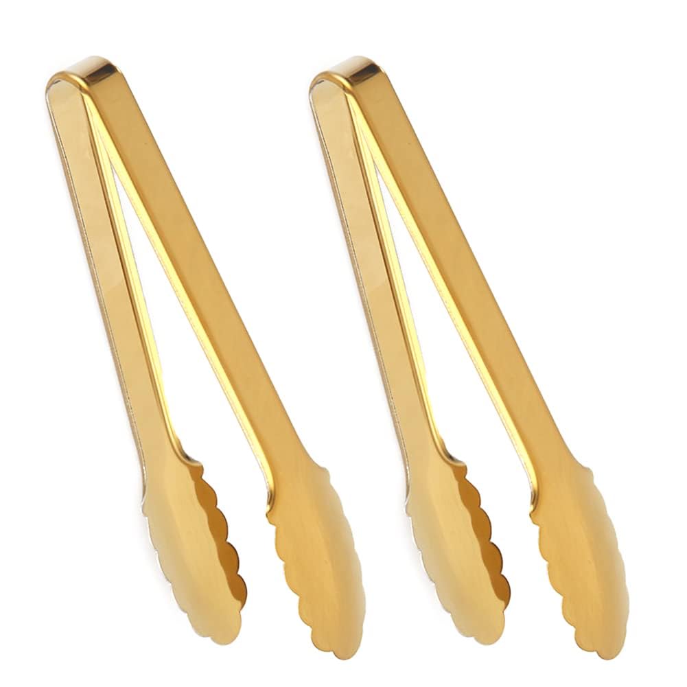 IAXSEE 2 Pack Gold Serving Tongs Gold Serving Utensils Salad Tongs Buffet Tongs Non-slip & Easy Grip Stainless Steel Gold Plated Buffet Serving Tongs, Salad, Ice, Oven (9.5 Inch) (Gold)