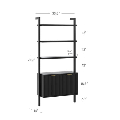 Nathan James Jasper 3-Shelf Solid Wood Boho Bookshelf, Wall Mounted Bookshelf with Cabinet with Fluted Doors, Black Oak, Set of 2