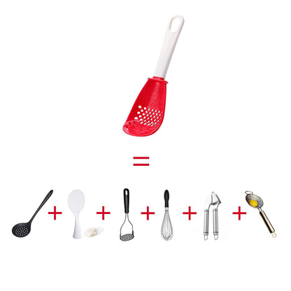 6 in 1 Multifunctional cooking gadgets, 356°F Heat Resistant kitchen gadgets, Egg Separator, Cooking, Draining, Mashing, Grating, Cooking spoon Red