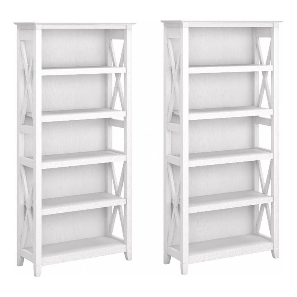 Bush Home Key West 5 Shelf Bookcase - Set of 2 | Tall Bookshelves in Pure White Oak | Sturdy Display Shelves for Library, Living Room, and Home Office