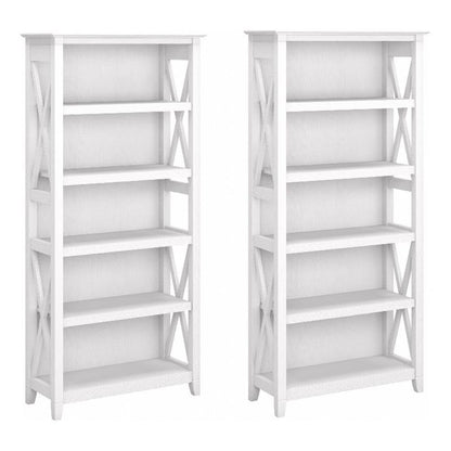 Bush Home Key West 5 Shelf Bookcase - Set of 2 | Tall Bookshelves in Pure White Oak | Sturdy Display Shelves for Library, Living Room, and Home Office