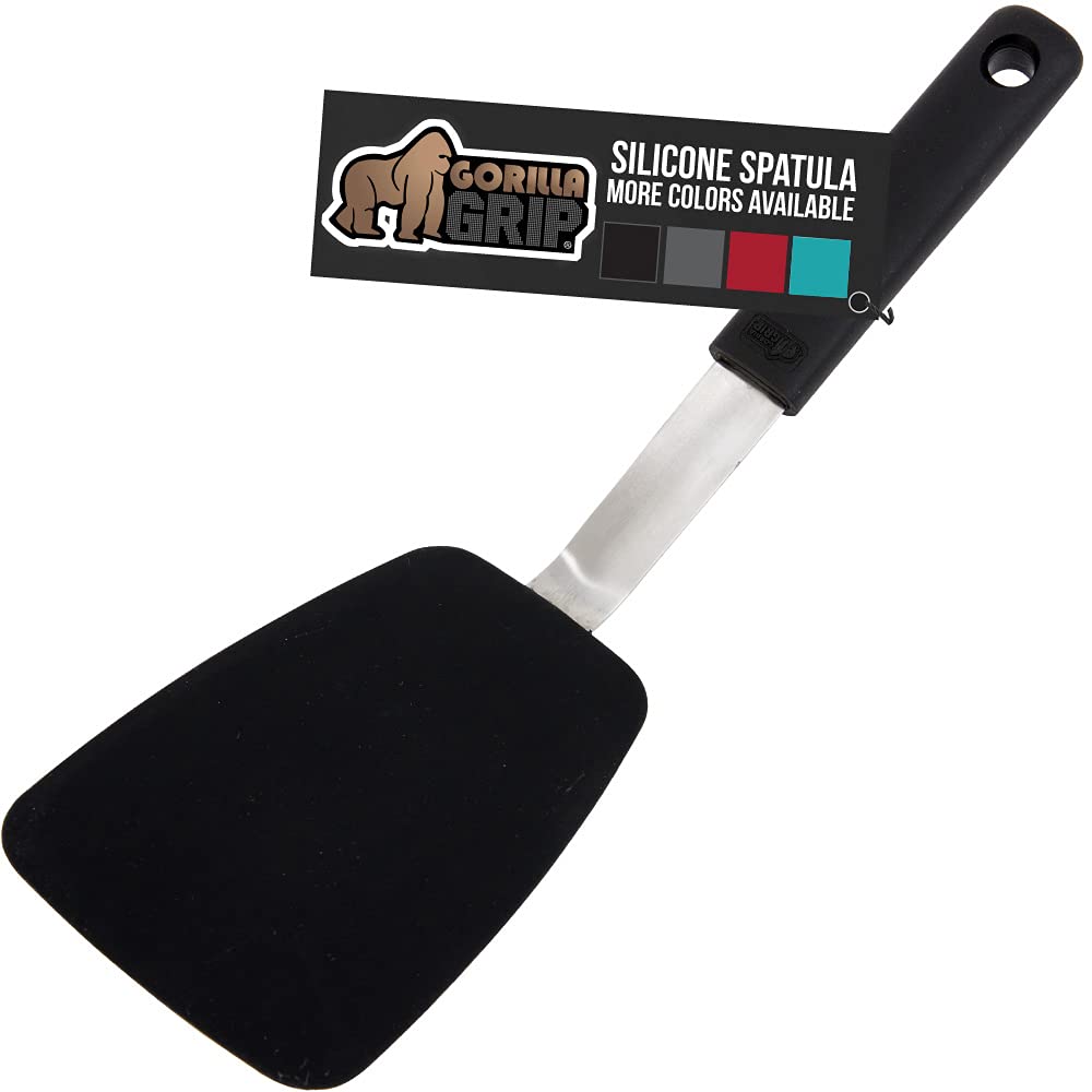 GORILLA GRIP Food Grade Flexible Silicone Spatula, Heat Resistant Head for Nonstick Frying Pan, Patented Soft Rubber Handle for Comfort, Non-Scratch Kitchen Turner, Flip Eggs Burgers, 11.6 in, Black