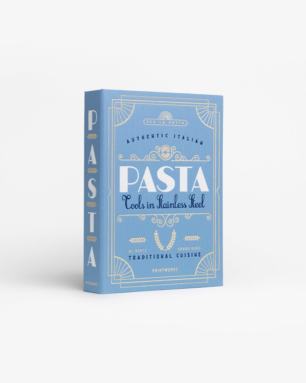 Printworks The Essentials, Pasta Tools – Pasta Kit with Spaghetti Tong, Spaghetti Measurer & Grater in Bright Blue Book-Style Case