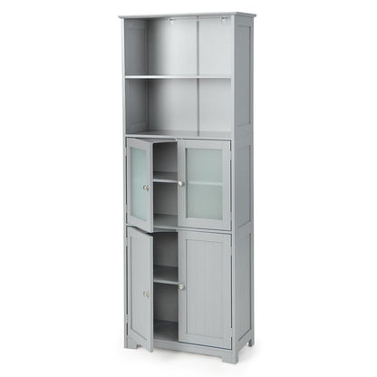 COSTWAY Tall Bathroom Storage Cabinet, Freestanding Kitchen Pantry Cabinet with Glass Doors and Adjustable Shelf, 64” Wooden Linen Floor Cabinet for Bathroom, Living Room, Kitchen (Grey)