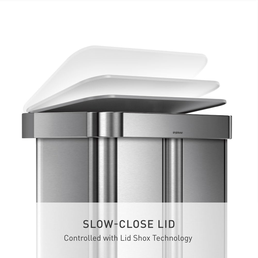 simplehuman 58 Liter / 15.3 Gallon Rectangular Dual Compartment Recycling Step, Brushed Stainless Steel with Soft-Close Plastic Lid Kitchen Trash Can
