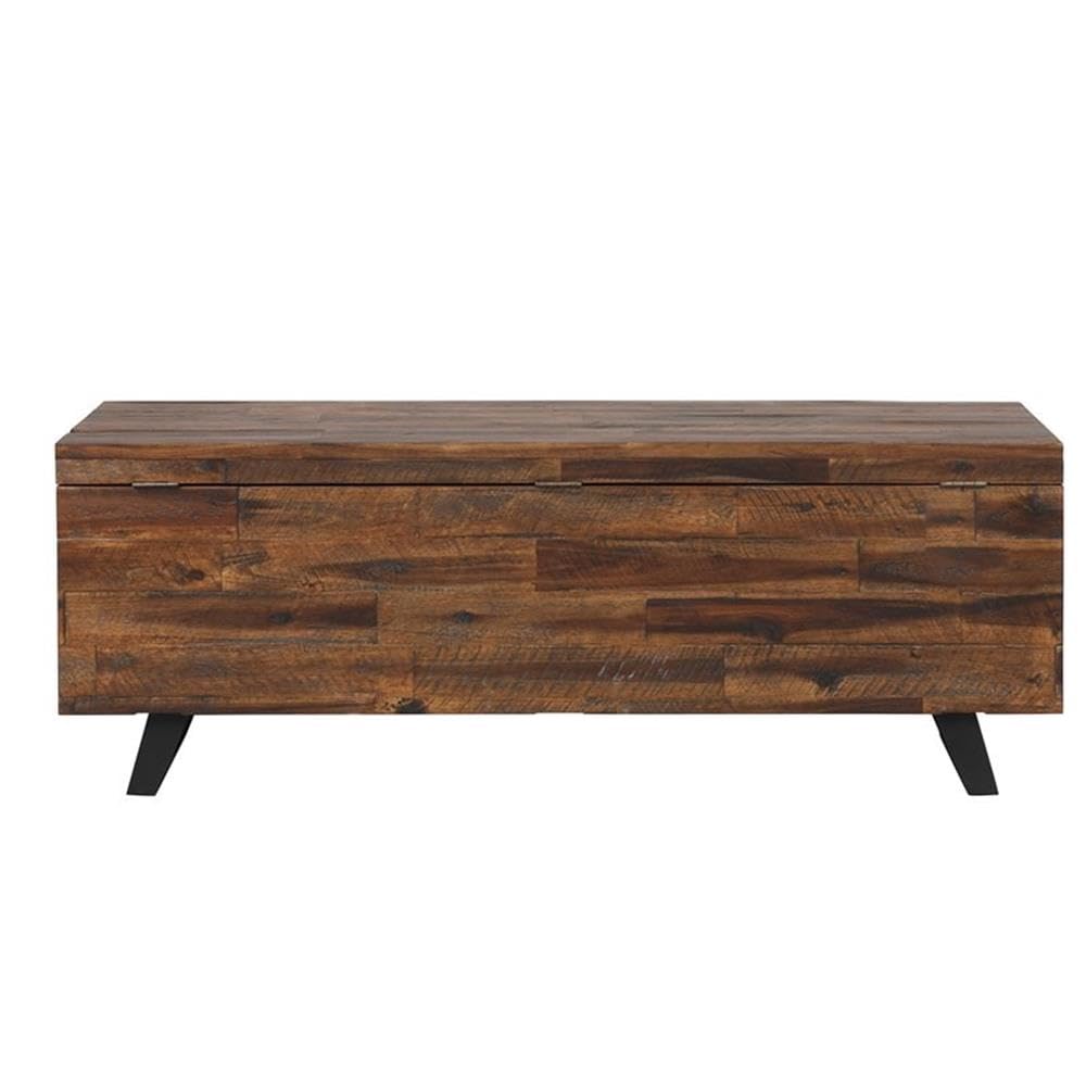MAKLAINE Broadmore Rectangular Acacia Wood Storage Trunk, 46 in Top, Brown Finish, Black Metal Legs, Hinged Lid, Versatile Coffee Table or Entryway Storage for Living Room or Bedroom