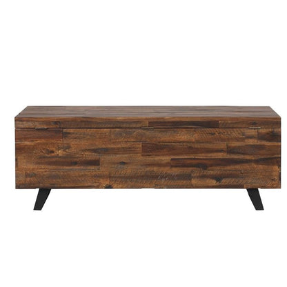 MAKLAINE Broadmore Rectangular Acacia Wood Storage Trunk, 46 in Top, Brown Finish, Black Metal Legs, Hinged Lid, Versatile Coffee Table or Entryway Storage for Living Room or Bedroom