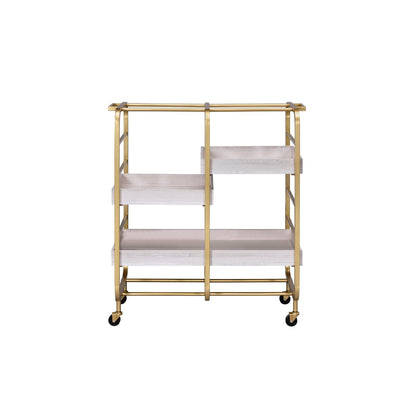 Gold & White Washed Finish Rectangular Serving Cart - 3 Open Compartments for Kitchen and Dining Room Storage