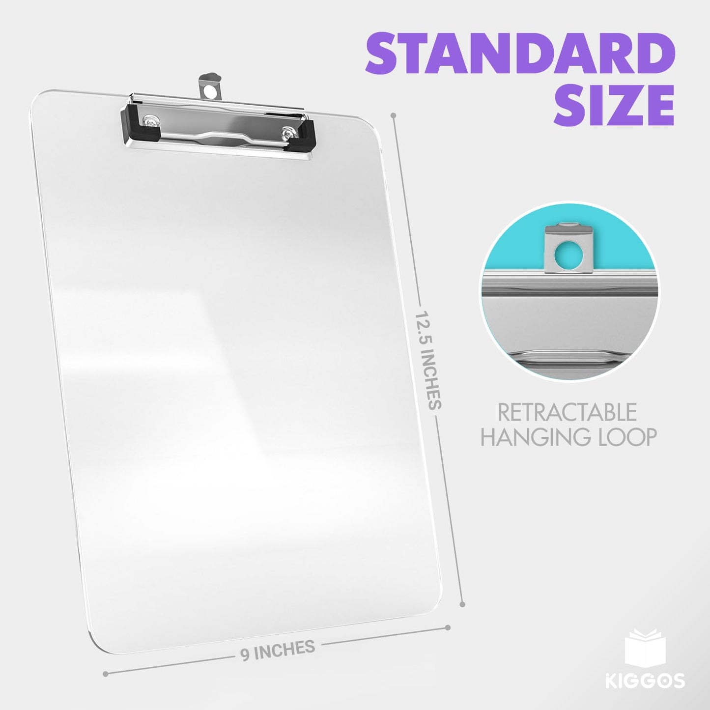 Kiggos 6 Pack Acrylic Clear Clipboards Bulk Transparent Clipboard with Low Profile Metal Clip 12.5 x 9 Inch Letter Size Classroom Clipboard Set with Hanging Hook Holds 100 Sheets