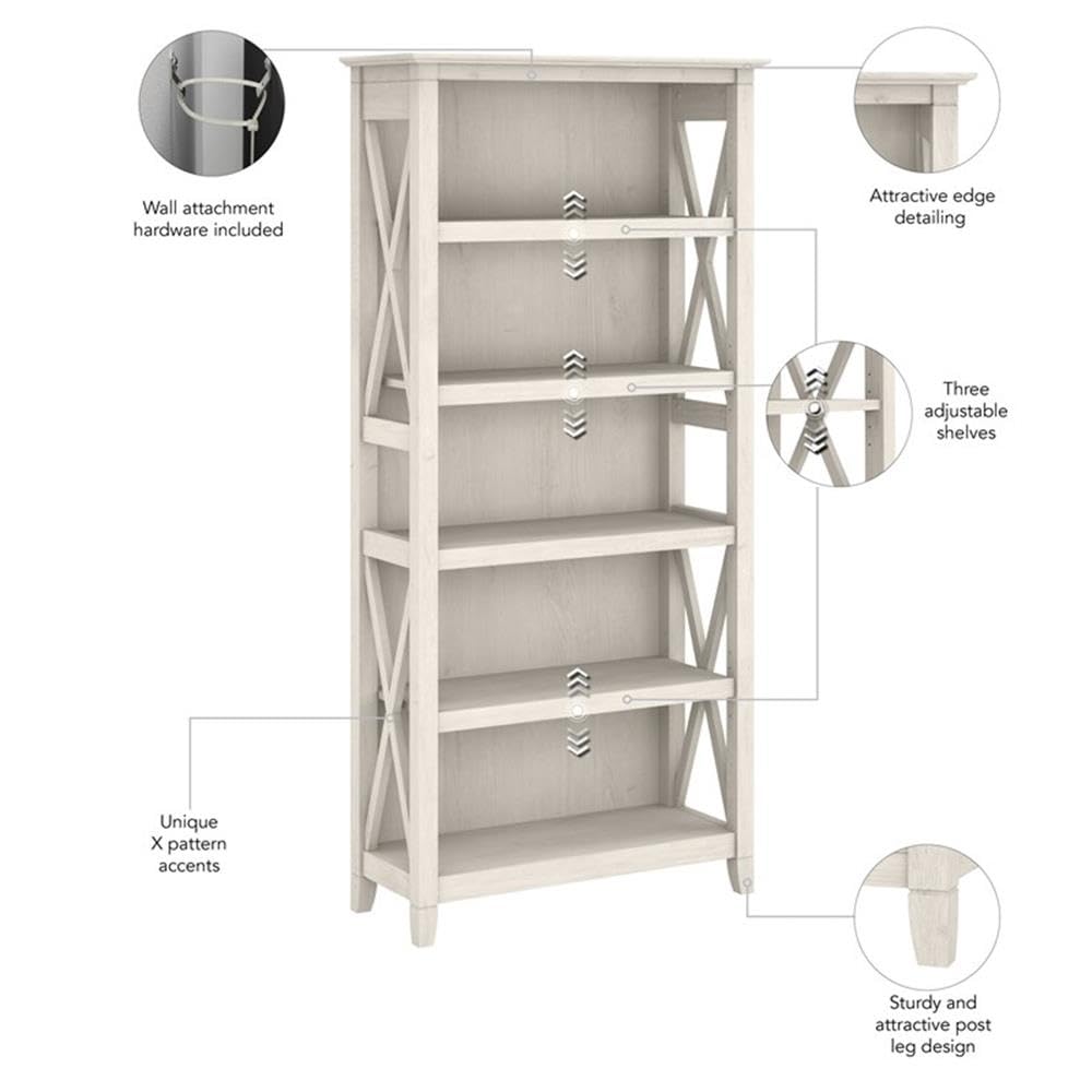 Bush Home Key West 5 Shelf Bookcase - Set of 2 | Tall Bookshelves in Linen White Oak | Sturdy Display Shelves for Library, Living Room, and Home Office