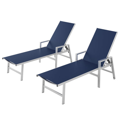 Patio Chaise Lounge Chair Outdoor Set of 2 with Wheels&Armrests, Aluminum Pool Lounge Chairs Five-Position Adjustable Recliner, Outdoor Beach Lounge Chairs for Poolside, Patio, Deck, Yard, Navy Blue