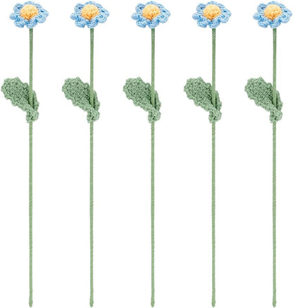 FINGERINSPIRE 5 pcs Handmade Crochet Daisy Flower Bouquet, Light Sky Blue Knitted Cotton Artificial Flowers for Home