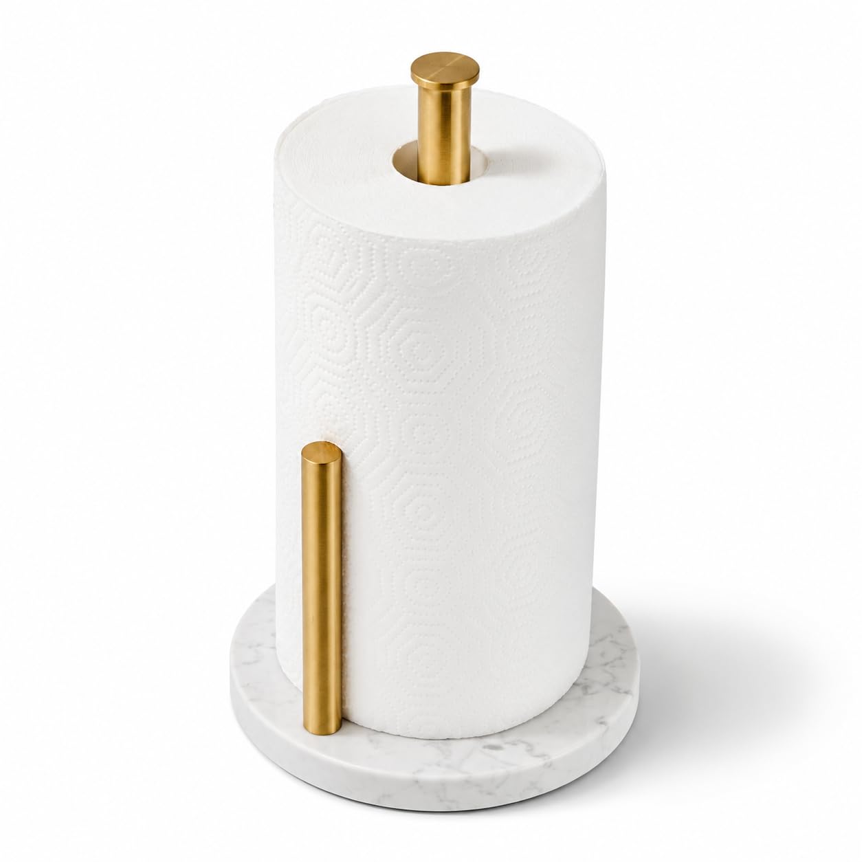 Brushed Gold Paper Towel Holder,Stainless Steel Paper Towel Holder for Kitchen Roll Organize, Standard or Jumbo-Sized Roll Paper, Countertop Roll Dispenser with Marble Base