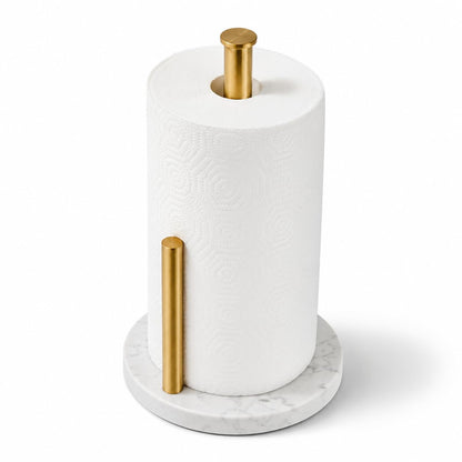 Brushed Gold Paper Towel Holder,Stainless Steel Paper Towel Holder for Kitchen Roll Organize, Standard or Jumbo-Sized Roll Paper, Countertop Roll Dispenser with Marble Base