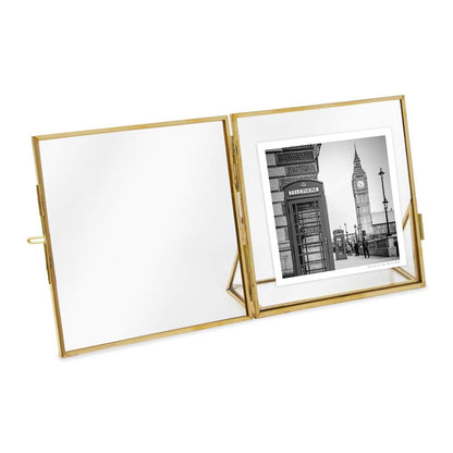 Isaac Jacobs 4x4, Antique Gold, Vintage Style Brass and Glass, Floating Photo Frame, Metal, with Locket Closure and Angled Base, for Pictures, Art, Mementos, Keepsakes (4x4, Antique Gold)