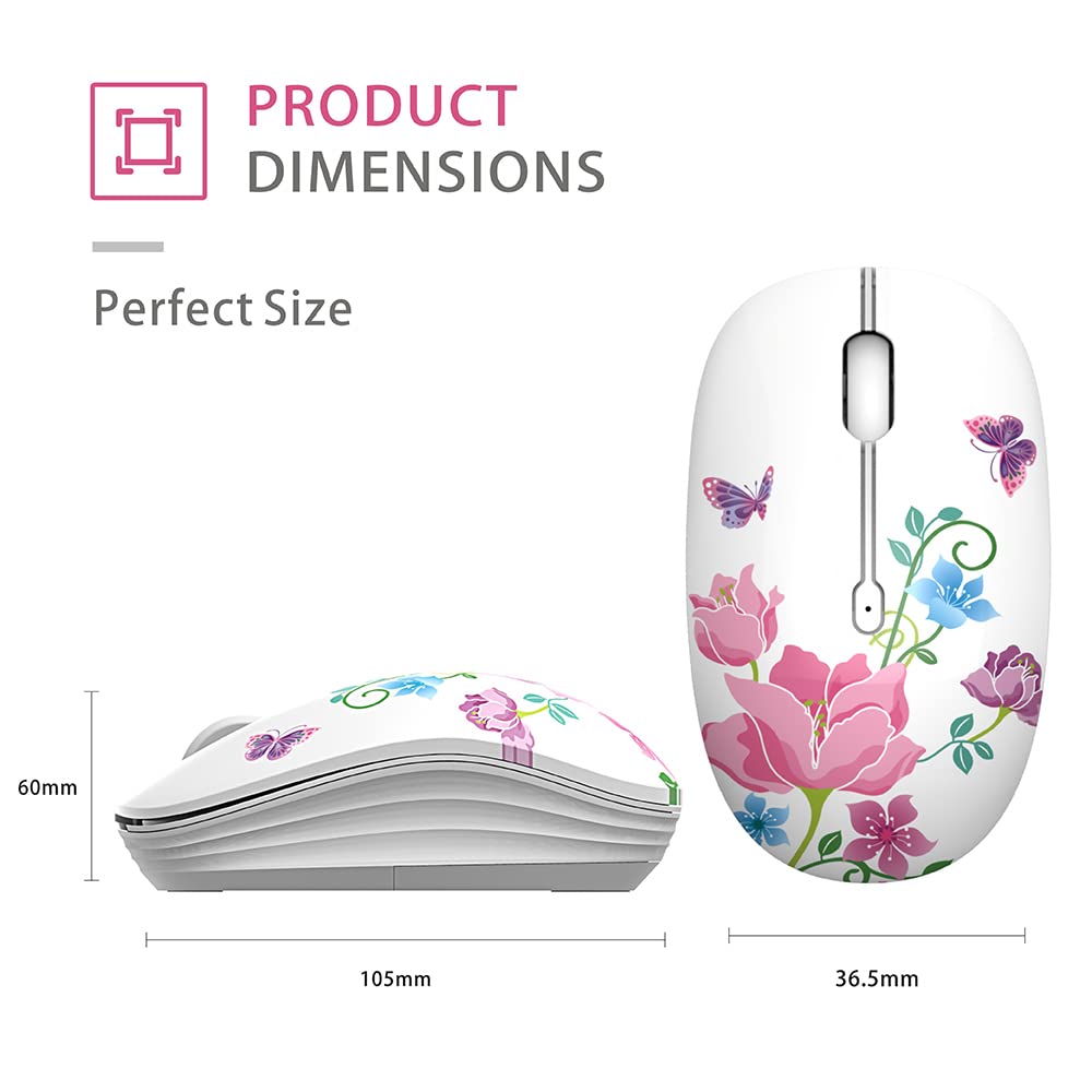 TENMOS M101 Wireless Mouse Cute Silent Computer Mice with USB Receiver, 2.4G Optical Wireless Travel Mouse 1600 DPI for Laptop, Notebook, PC, Computer (Butterfly)