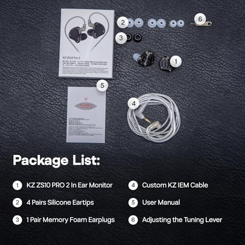 Linsoul KZ ZS10 PRO 2 In Ear Monitor IEM, 1DD+4BA Hybrid Wired Earbuds, with 4-Level Tuning Switch, 3-Way Crossover Gaming Earbuds, Silver-plated IEM Cable for Musician Audiophile (Black, Without Mic)
