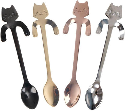 OBANGONG 4 Pcs Mini Cat Hugging Coffee Spoon Set - Tea Soup Sugar Dessert Appetizer Seasoning Bistro Hanging Cup Spoon