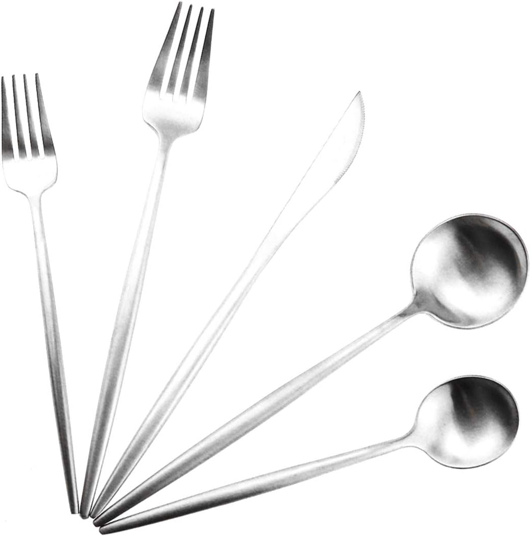 Silver Flatware, Royal 5 Piece Luxury Matte Finish 18/10 Stainless Steel Tableware Set for 1 Including Forks, Spoons,