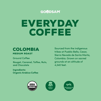 GoodSAM Colombian Medium Roast Organic Ground Coffee — Smooth & Balanced Flavor — Single-Origin Arabica Coffee — 32 oz Bulk Bag