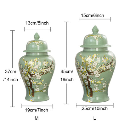 Green Ceramic Ginger Jar With Lid For Home Decor,Traditional Trees And Flowers Temple Jar, Jingdezhen Handcrafted Porcelain Vase Centerpiece Decor M (Green L) (Gr