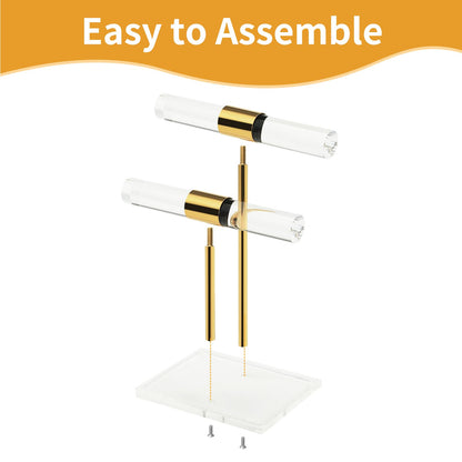 SHUNKAIZS 2 Tier Acrylic Bracelet Holder, Clear Gold T-Bar Jewelry Display Stand, Tangle-free Necklace Stand, Heavy Duty Jewelry Organizer Rack for Retail Store Vendors Counter Home