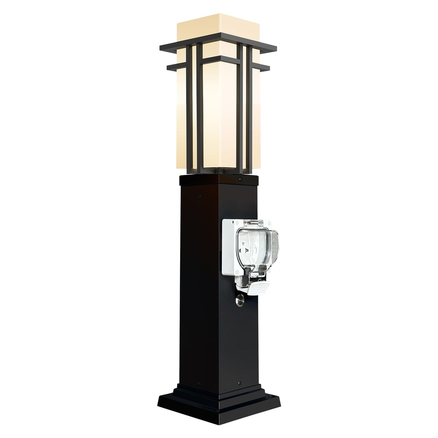 Yoenecea Outdoor Lamp Post with Outlet, Modern Post Light Fixture for Yard, Aluminum Lamp Pole Outdoor Lighting with Glass, Waterproof Outside Street Light for Pathway Garden Patio (27.5''H, 1 pc)