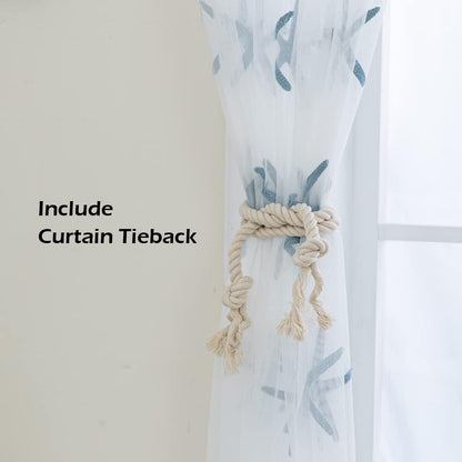Embroidered Teal Starfish Sheer Curtains, 84 Inch Long Rod Pocket Drapes for Living Room, 52 x 84 Inch 1 Panel