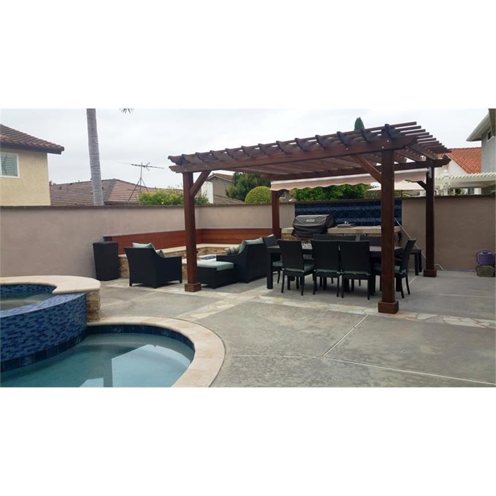 Afuera Living 16ft x 16ft Solid Redwood Deck Pergola, Mission Brown Finish, Durable Weather-Resistant Outdoor Patio Shade Structure, 8ft Height, Farmhouse Style for Lounging or Dining