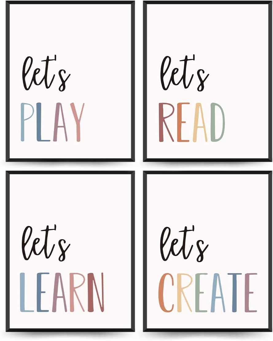 Set 4 PLKMN Let's Play Read Wall Art Prints Decor of - Play Room Essentials, Boho Neutral Let's Learn Let's Create