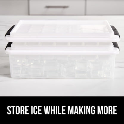 GORILLA GRIP BPA-Free Easy Release Ice Cube Tray for Freezer, Make Lots of Ice, 56 Cubes Total, Kit Includes 2 Stackable Leakproof Trays with Lid and Soft Handle Grips, Scooper, Bin, For Coffee, Black