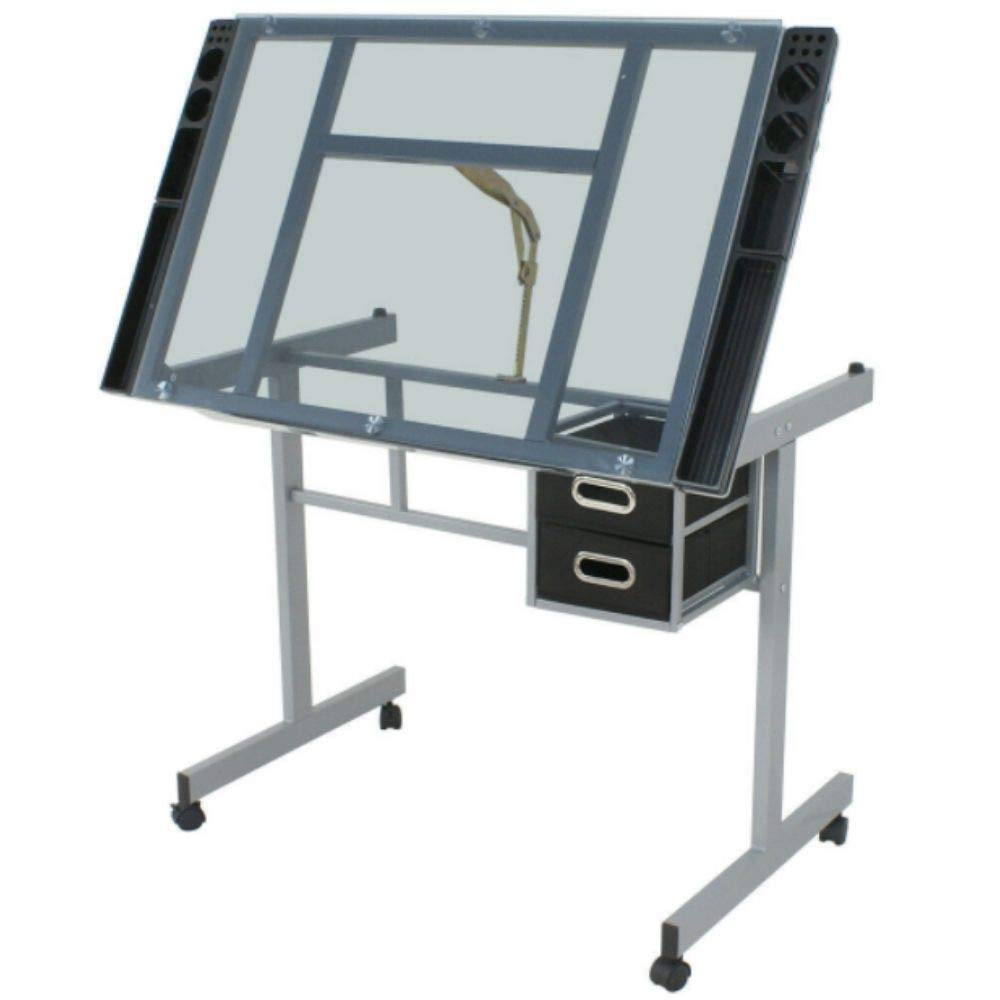 Tinkertory 4 Wheels Drawing Desk Station Tempered Glass Adjustable Drafting Table