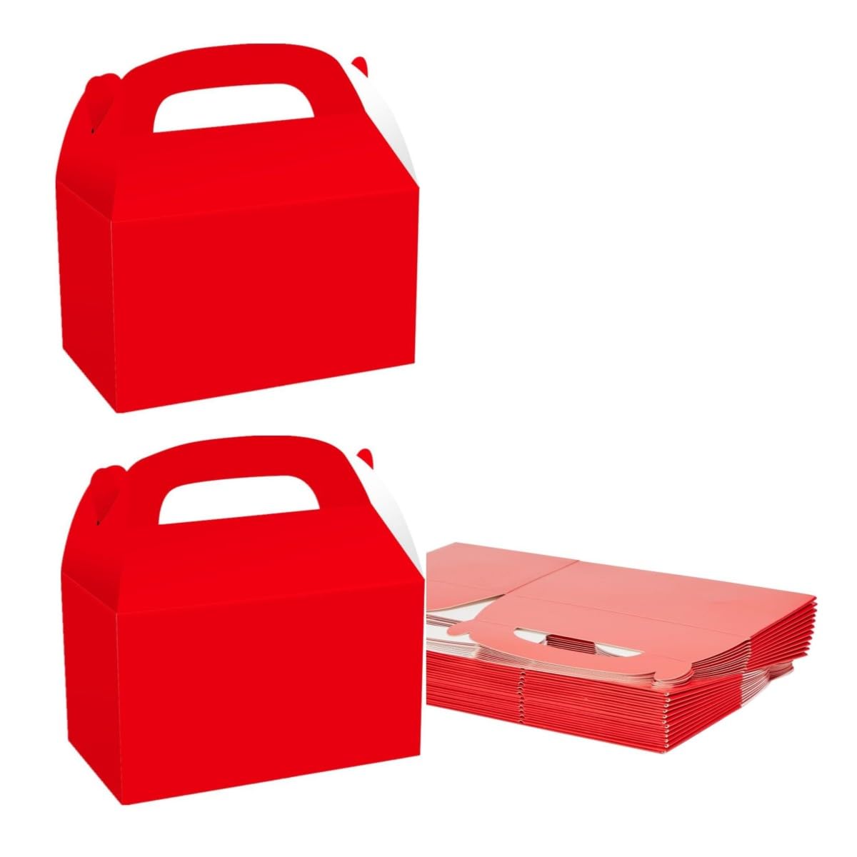 KUPOO 24pcs Cardboard Gable Boxes with Handles - Multi-Occasion Gift Boxes for Halloween, Christmas, Thanksgiving, Birthday, Wedding, Baby Shower (Red, Pack of 24, 6.3" x 3.7" x 3.7")